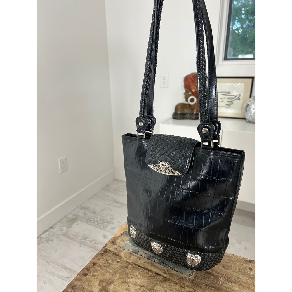 Black Croc Embossed Leather Shoulder Bag Woven Heart Silver Hardware